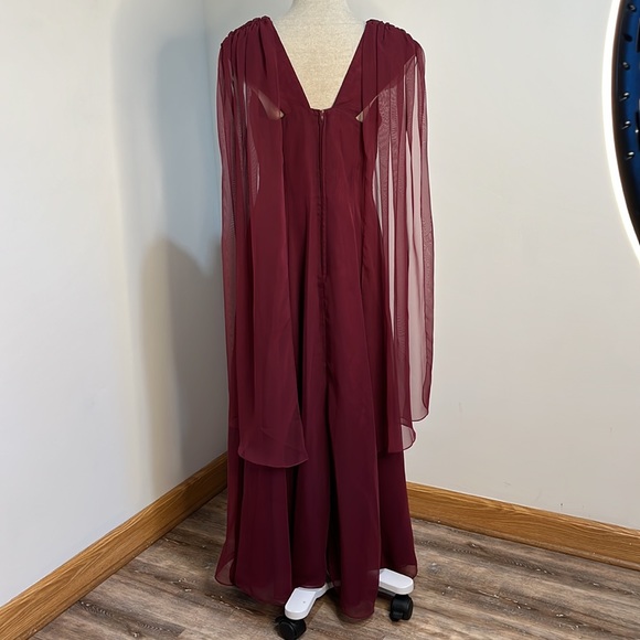 Michaelangelo Burgundy Dress Chiffon Wide Strap Dramatic Shoulder Trains Size 10 - Picture 5 of 14